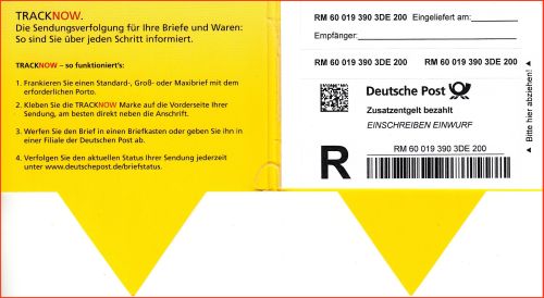 Das aufgeklappte Verkaufssetz von innen - links mit der Beschreibung, wie es funktioniert und rechts das schon aus anderen Verkaufsprodukten bekannte Einwurf-Einschreiben