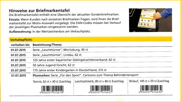 Die Rückseite der Briefmarkentafel enthält oben Hinweise zum Handling und weist auf die EAN-Codes der Die Rückseite der Briefmarkentafel enthält oben Hinweise zum Handling und weist auf die EAN-Codes der