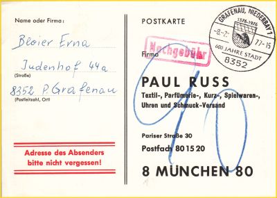 Postkarte mit Nachgebühr aus dem Jahr 1977