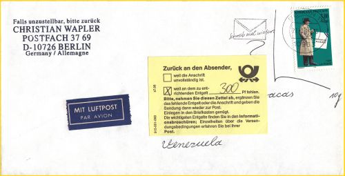 Brief mit vorgedruckten gelben Zettel mit Standardtext - hier mit Druckvermerk 7.95 (Materialnummer 915-001-000) auf einem Brief nach Venezuela, auf dem aus Versehen eine französische Marke geklebt wurde, die Stempelmaschine hat das zwar nicht erkannt, aber die zusätzlich kontrollierenden AGB-Prüfer haben festgestellt, das die komplette Frankatur in Höhe von 300 Pfennig fehlt - Stempeldatum 21.3.1997