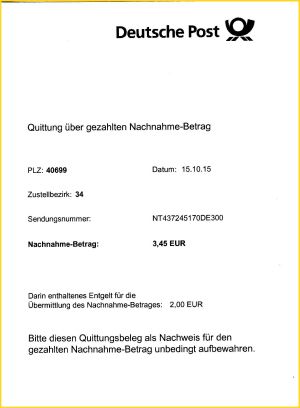 Die passende Quittung für das Nachentgelt mit der Nummer NT 43 724 517 0DE 300 dazu von der Kundenseite her mit Datum 15. Oktober 2015 - hier ist an keiner Stelle von einem Nachentgelt die Rede, das der Kunde zahlen musste.