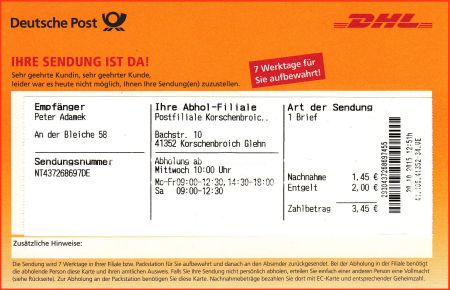 Benachrichtigungskarte eines Verbundzusteller für eine Nachentgeltsendung