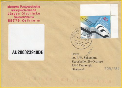 Standardbrief nach Dänemark mit dem Funketikett AU 200 023 948 DE auf der Vorderseite von einem der ersten Tage, verschickt am 9. Dezember 2015 mit dänischer Eingangskodierung