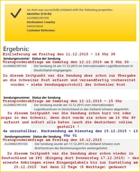 Zusammenfassung der Funketikettenergebnise des Testbriefes in die Schweiz mit zusätzlichen Anmerkungen in rot, wann die Abfrage erfolgte oder was aufgrund der anderen Informationen der tatsächliche Sachstand zum jeweiligen Zeitpunkt war