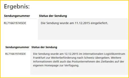 Zusammenfassung der jeweiligen Zwischenergebnisse des deutschen Systems für die Nachfrage von Einschreibsendungen - hier gab es nur zwei Informationen, die nicht sehr aussagekräftig sind, speziell wen man diese mit den Daten zum selben Einschreiben der Schweizer Post vergleicht