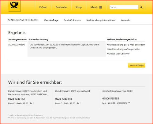 Bildschirmkopie der Abfragemaske der Deutschen Post AG - hier für eine Funketikettenabfrage des folgenden Briefes nach Dänemark
