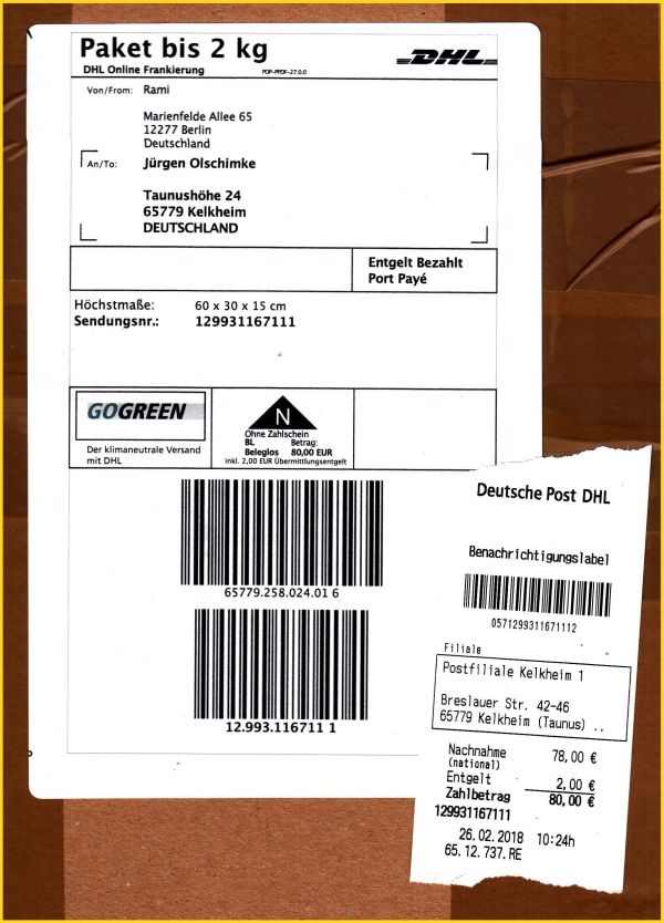 Belegloses Nachnahme-Onlinepaket Gogreen bis 2 Kilo, das am 26. Februar 2018 in Kelkheim bezahlt wurde. Auf dem Benachrichtigungslabel wird noch ein extra Übermittlungsentgelt in Höhe von zwei Euro ausgewiesen