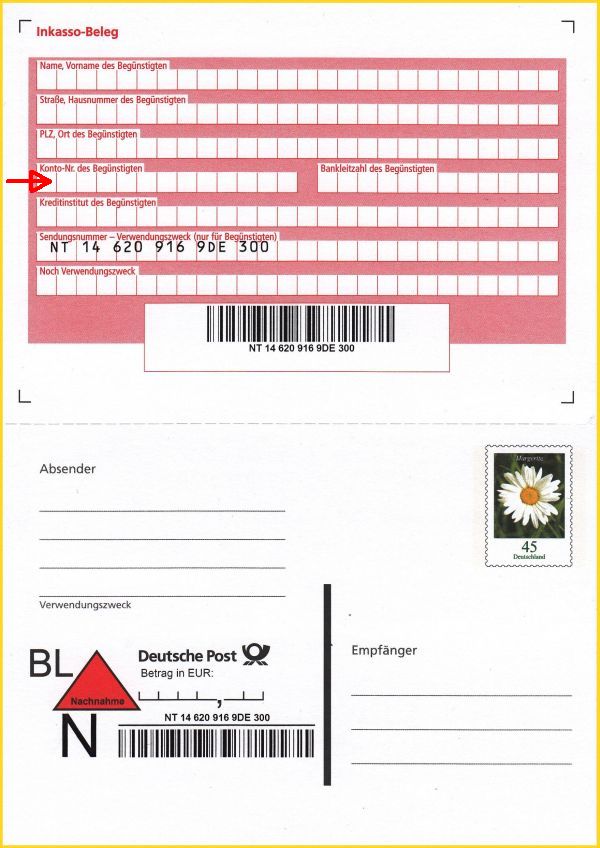 postfrische Nachnahme-Ganzsache aus dem Frühjahr 2011, oben der abtrennbare Inkasso-Beleg, noch mit Kontonummer und BLZ-Feldern