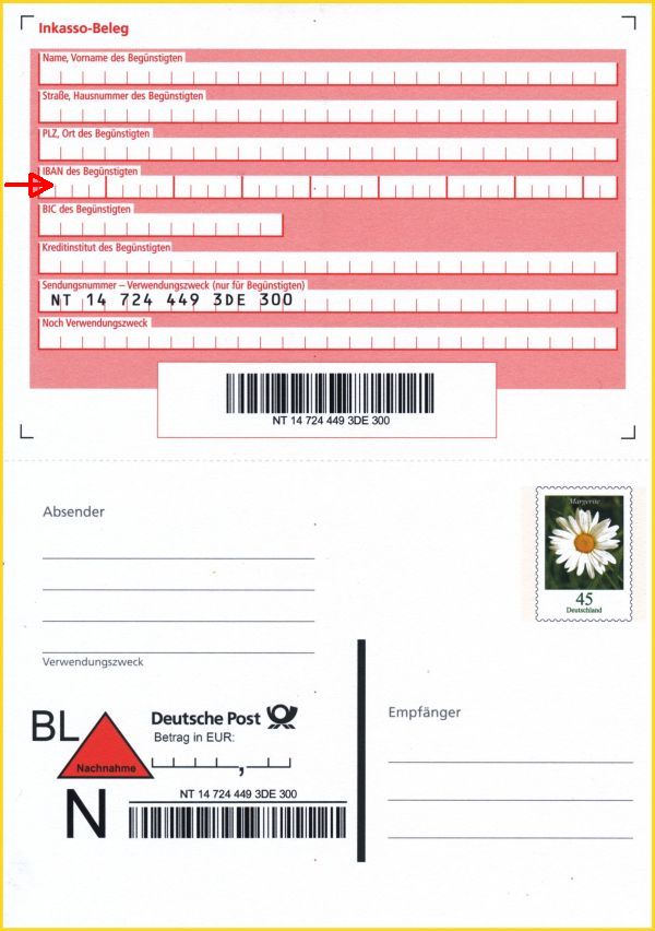 extrem seltene postfrische Nachnahme-Ganzsache mit geändertem Inkasso-Beleg, nun mit IBAN Feld, Ausgabedatum bisher unbekannt – wer kann hier helfen ? (Sammlung L. Lange)