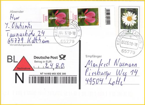 Nachnahme-Ganzsache vom 1. März 2018 im Aufbrauch, daher mit Zusatzentgelt in Höhe von zwei Euro für das fehlende Einziehungsentgelt portogerecht frankiert