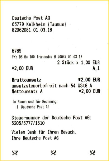 Quittung für das Zusatzentgelt von zwei Euro gleichzeitig Ersttag des Verkaufs von Briefmarken nur noch über EAN-Code – erkennbar an der genauen Angabe, welche Postwertzeichen aus welcher Rolle verkauft wurden