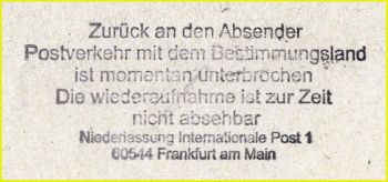 Einer von vier verschiedenen Retourenstempeln des IPZ 1 (Frankfurt) - ein zweiter sieht fast identisch aus, ist aber nur etwas schäler und nicht ganz so hoch