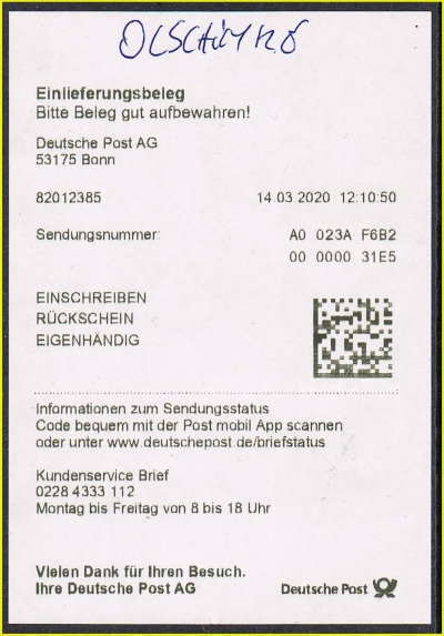 Der zugehörige Einlieferungsbeleg des Einschreiben Rückschein Eigenhändig vom Samstag 14. März 2020