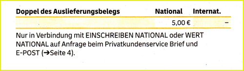 Auszug aus dem aktuellen Entgeltheft der Deutschen Post mit Stand 1. Januar 2020 für die Anfertigung eines 