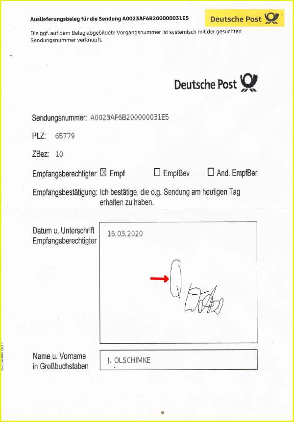 Die zweite Seite des Schreibens mit der Bildschirmkopie des Handscanners als „Doppel des Auslieferungsbelegs“, wo der Zusteller zuerst das große „Q“ vermerkt hat und anschließend entsprechend der Anweisung selbst unterschrieben hat