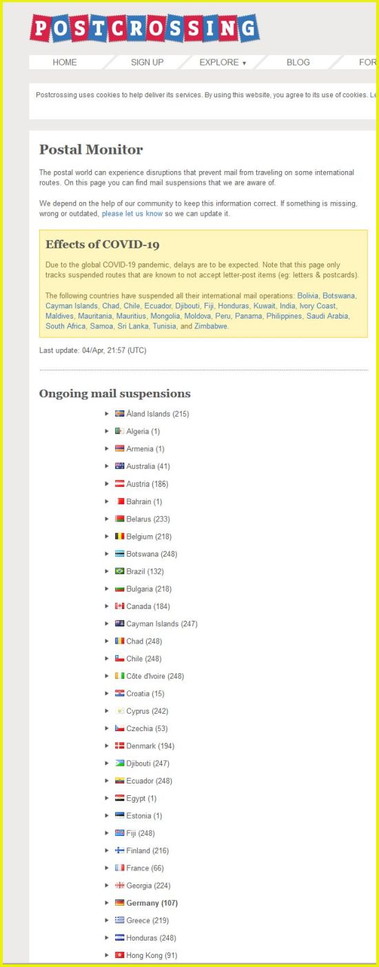 Bildschirmkopie eines Teilausschnitts von der Webseite Postcrossing mit der scheinbar weltweit besten aktuellen Übersicht, bei welchen Ländern welche Verbindungen aufgrund des Corona-Virus derzeit nicht möglich sind