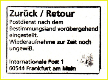 Retourenstempel des IPZ 1 mit Rahmen, hier die Variante mit Absender 