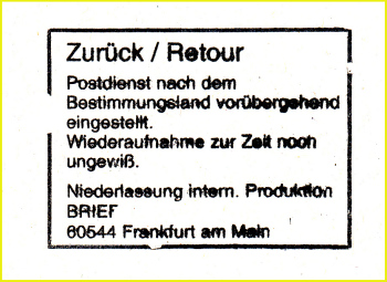 Retourenstempel des IPZ 1 mit Rahmen, hier die Variante mit Absender 