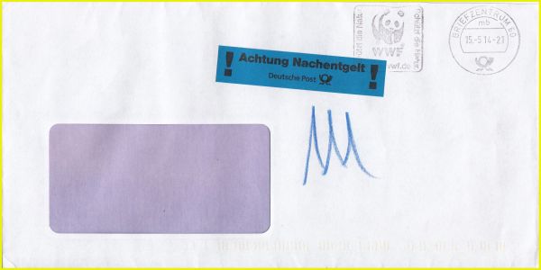 Standardbrief vom 15. Mai 2014 ohne Frankatur, versehen mit Blaustiftvermerk 111 (60 Cent fehlendes Porto plus 51 Cent Einziehungsentgelt) sowie den blauen Versuchsaufkleber aus der ersten Versuchsphase 