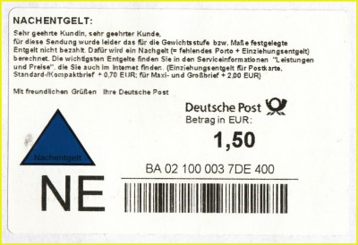 Hier eines der ersten neuen Nachentgeltlabel vom BZ 02 (das dritte Label) mit der ergänzenden Kennung 400 nach dem DE für Standard- und Kompaktbriefe