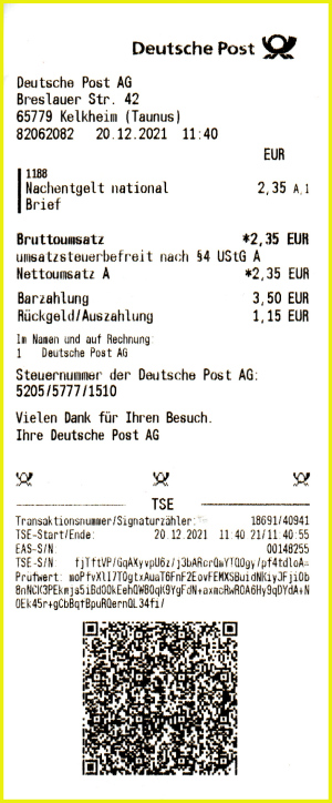 Die Quittung vom Schalter beim Auslösen der Nachentgeltsendung, eine passende Sendungsnummer wird derzeit noch nicht vom Schalterterminalsystem erfasst, weiter ist auch keine Unterschrift erforderlich