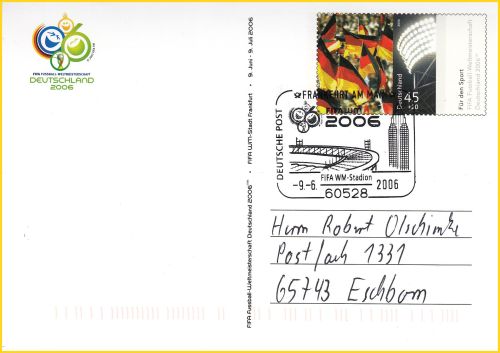 Eine der 12 Pluskarten aus dem Set gelaufen mit passenden Sonderstempel - neben dem Logo links oben befindet sich hier kein Hologramm