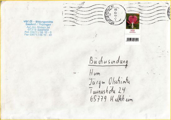 Büchersendung, Einzelfrankatur 100 Cent Blumen mit unten anhängenden EAN-Feld, gelaufen am Erstausgabetab 1. März 2017