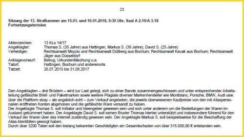 Bildschirmkopie (Auszug) von der wöchentlich erscheinenden pdf-Datei des Landgerichts Bochum zu den aktuellen Sitzungen – hier die Info zum Fall mit den gefälschten Brief- und Paketmarken für den zweiten und dritten Verhandlungstermin Bildschirmkopie (Auszug) von der wöchentlich erscheinenden pdf-Datei des Landgerichts Bochum zu den aktuellen Sitzungen – hier die Info zum Fall mit den gefälschten Brief- und Paketmarken für den zweiten und dritten Verhandlungstermin