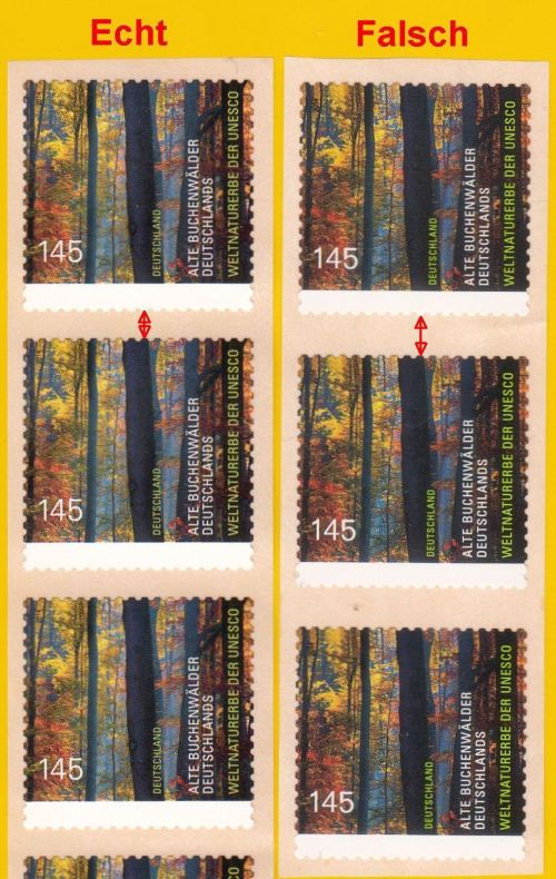 Vorderseite Dreierstreifen „Buchenwälder“ - links die echten Marken, rechts die Fälschungen Vorderseite Dreierstreifen „Buchenwälder“ - links die echten Marken, rechts die Fälschungen