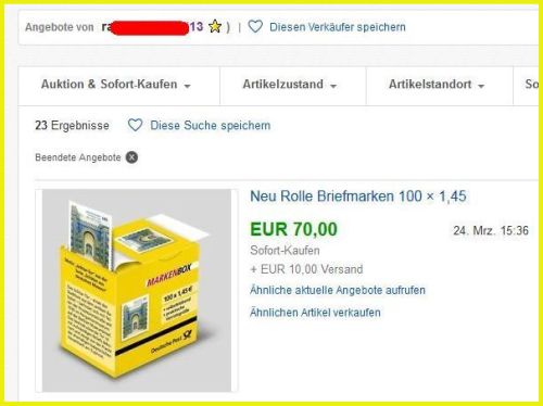 Bildschirmkopie des Angebots bei Ebay vom letzten erfolgreich durchgeführten Verkauf eines Betrügers am 24. März 2018 um 15 Uhr 36 – 100 Briefmarken zu 145 Cent für 70 Euro Sofort-Kaufen (8 Rollen), bei der gefälschte Briefmarken mit dem Motiv „Fregatte aus Elfenbein“ geliefert wurden