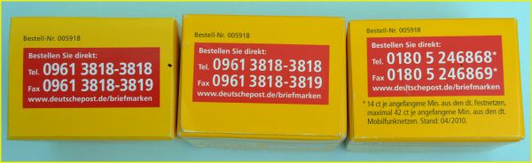 Schachtelvergleich Helgolandmarke - rechts die alte Verpackung mit 180er Nummer, in der Mitte die neue Verpackung und links die Fälschung der mittleren Verpackung