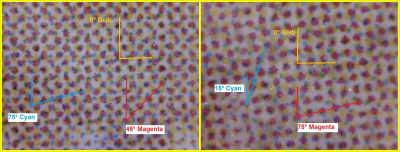 Vergleich Ausschnitt des Rasters im Bereich des Hauses – links die echte Marke – rechts die Fälschung – man sieht hier im Detail deutlich, dass die Raster nicht gleich sind