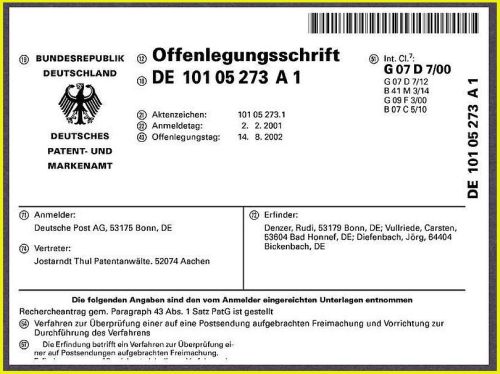 Auszug aus dem Deckblatt der Offenlegungsschnft „Verfahren zur Überprüfung einer auf eine Postsendung aufgebrachten Freimachung und Verrichtung zur Durchführung des Verfahrens“ aus dem Jahr 2002