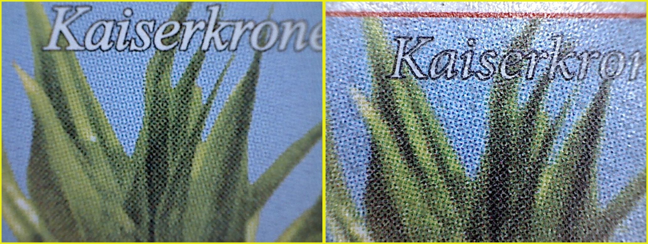 Bildmontage – Vergleich Schriftzug „Kaiserkrone“ - links echt – rechts falsch – man kann hier an vielen Stellen deutliche Unterschiede speziell bei den Serifen erkennen