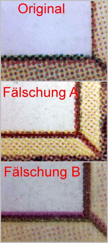 Detailvergleich des Bildrahmens – hier rechte untere Ecke – oben echt, Mitte Fälschung A, unten Fälschung B Detailvergleich des Bildrahmens – hier rechte untere Ecke – oben echt, Mitte Fälschung A, unten Fälschung B