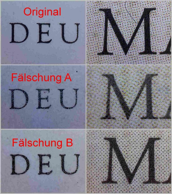Vergleich eines Teils des Schriftzuges „Deutschland“ und des „M“ von Max Liebermann im Zierfeld – oben echt, Mitte Fälschung A, unten Fälschung B Vergleich eines Teils des Schriftzuges „Deutschland“ und des „M“ von Max Liebermann im Zierfeld – oben echt, Mitte Fälschung A, unten Fälschung B