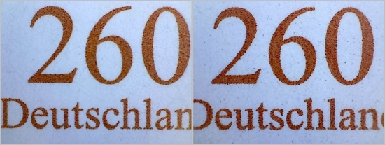 Vergleich Detailausschnitt 10er Bogen Erstauflage und Nachauflage 2060 Cent Madonnenlilie Wertangabe – man sieht rechts deutlich das schmutzigere Papier Vergleich Detailausschnitt 10er Bogen Erstauflage und Nachauflage 2060 Cent Madonnenlilie Wertangabe – man sieht rechts deutlich das schmutzigere Papier