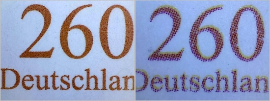 Ein Vergleich der Wertziffer 260 – links das Original, rechts die Fälschung – hier sieht man deutlich den gerasterten Druck Ein Vergleich der Wertziffer 260 – links das Original, rechts die Fälschung – hier sieht man deutlich den gerasterten Druck