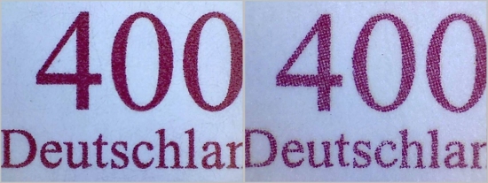 Ein Vergleich der Wertziffer 400 – links das Original, rechts die Fälschung – hier sieht man deutlich den gerasterten Druck Ein Vergleich der Wertziffer 400 – links das Original, rechts die Fälschung – hier sieht man deutlich den gerasterten Druck