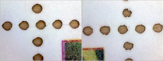 Detailausschnitt Fälschung 400 Cent Fuchsie Stanzlöcher von vorne Detailausschnitt Fälschung 400 Cent Fuchsie Stanzlöcher von vorne