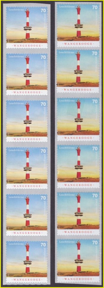 Vergleich Sechser-Rollenanfangsstreifen (100 bis 95) Wangerooge – links die echten Marken mit rückseitiger Nummer, rechts die Fälschung