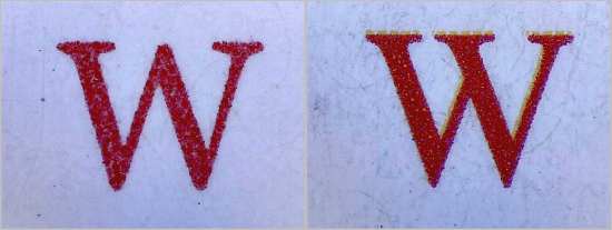Vergleich des großen „W“ von Wangerooge – der markanteste Fehler dieser Fälschung – links das echte „W“ und rechts das falsche „W“ speziell mit einer zusätzlichen Serife in der Mitte