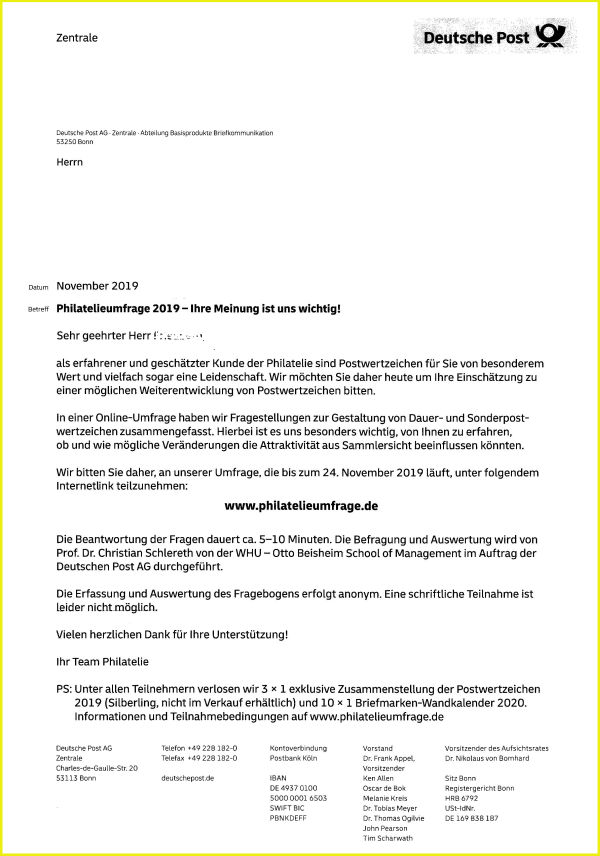 Das Anschreiben der Post zur Aufforderung, an der Umfrage teilzunehmen