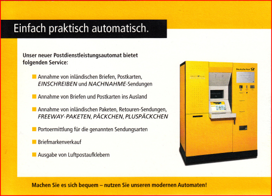 Postdienstleistungsautomat aus dem Jahr 2002, erstmals vorgestellt auf den Posttagen 2002 in Bonn – Hersteller Firma Samkyung, der damals sowohl Briefe als auch Pakete vollautomatisch frankieren konnte Postdienstleistungsautomat aus dem Jahr 2002, erstmals vorgestellt auf den Posttagen 2002 in Bonn – Hersteller Firma Samkyung, der damals sowohl Briefe als auch Pakete vollautomatisch frankieren konnte