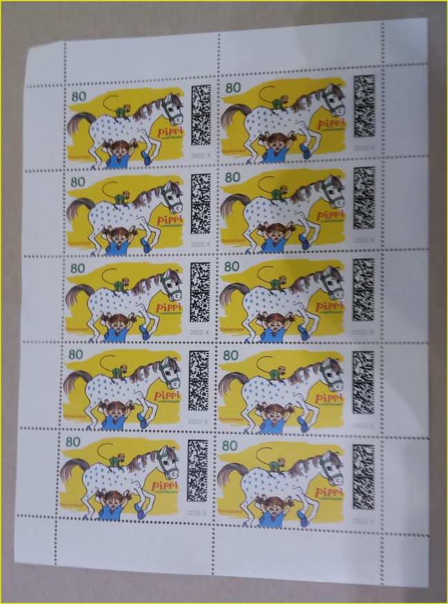 Zehner Probebogen mit dem Motiv Pippi 80 Cent mit identischen Matrixcode für dieses Motiv Zehner Probebogen mit dem Motiv Pippi 80 Cent mit identischen Matrixcode für dieses Motiv