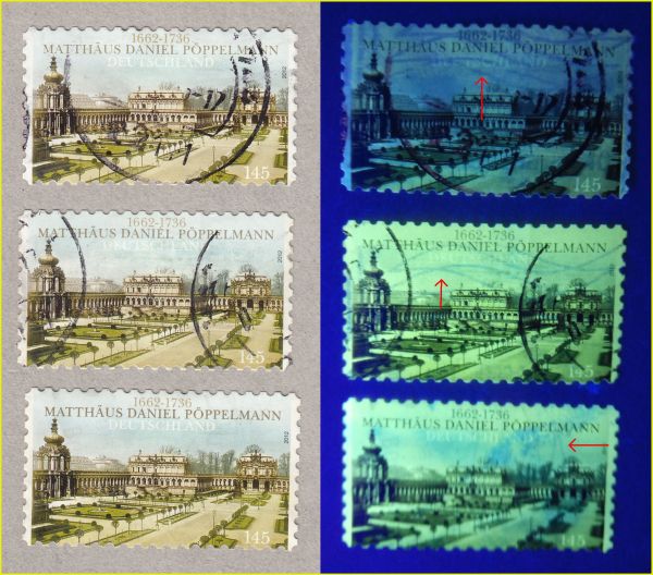 Gewaschene Briefmarken hier am Beispiel mit dem Motiv Daniel Pöppelmann - links sieht man drei Marken mit 600 dpi gescannt und die selben Marken unter UV-Licht zeigen, das alle drei Marken schon einmal mit einer Tintenstrahlentwertung entwertet waren