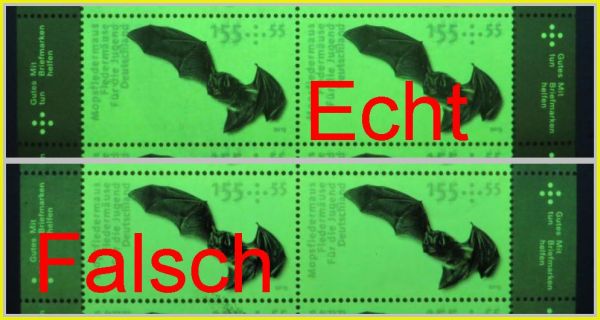 Vergleich der echten Marken oben und der Fälschung unten unter UV-Licht 365 Nanometer