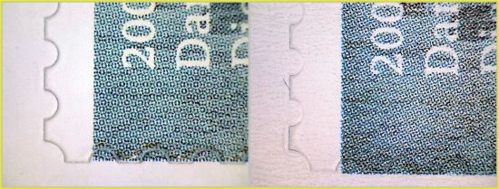 Teilausschnitt der Stanzung der Marke hier im Bereich der linken unteren Ecke – links die echte Marke und rechts die Fälschung