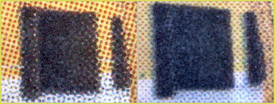 Vergleich einer schwarzen Wandverkleidung im Durchgangsbereich – links die echte Marke mit dem kräftigen Schwarz, rechts die falsche mit dem stumpfen Schwarz Vergleich einer schwarzen Wandverkleidung im Durchgangsbereich – links die echte Marke mit dem kräftigen Schwarz, rechts die falsche mit dem stumpfen Schwarz