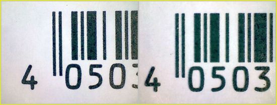 Vergleich eines Teils des EAN-Codes – links die echte Marke mit den sauberen Konturen, rechts die Fälschung, bei der ein leichter „Schatten“ erkennbar ist Vergleich eines Teils des EAN-Codes – links die echte Marke mit den sauberen Konturen, rechts die Fälschung, bei der ein leichter „Schatten“ erkennbar ist